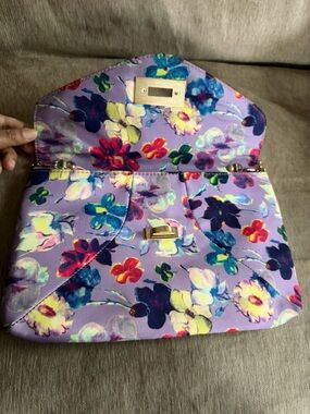 Aldo Lilac Floral Satin Clutch with Gold Logo Plate